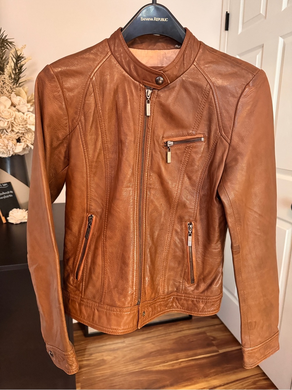 Andrew Marc New York  Women's Cognac Leather Moto Jacket